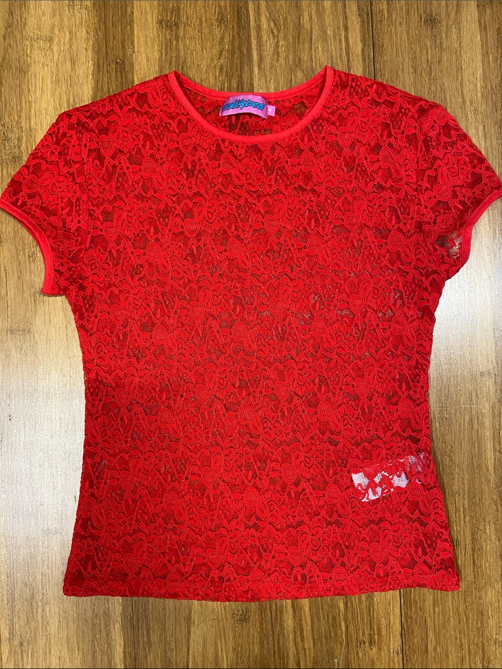 Edikted Red Floral Lace Stretchy Sheer Shirt size Medium